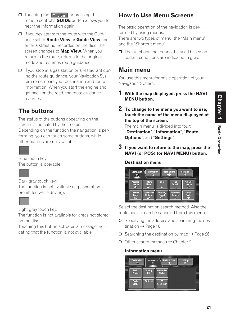 The buttons, How to use menu screens, Main menu | Pioneer AVIC-90DVD User Manual | Page 23 / 74