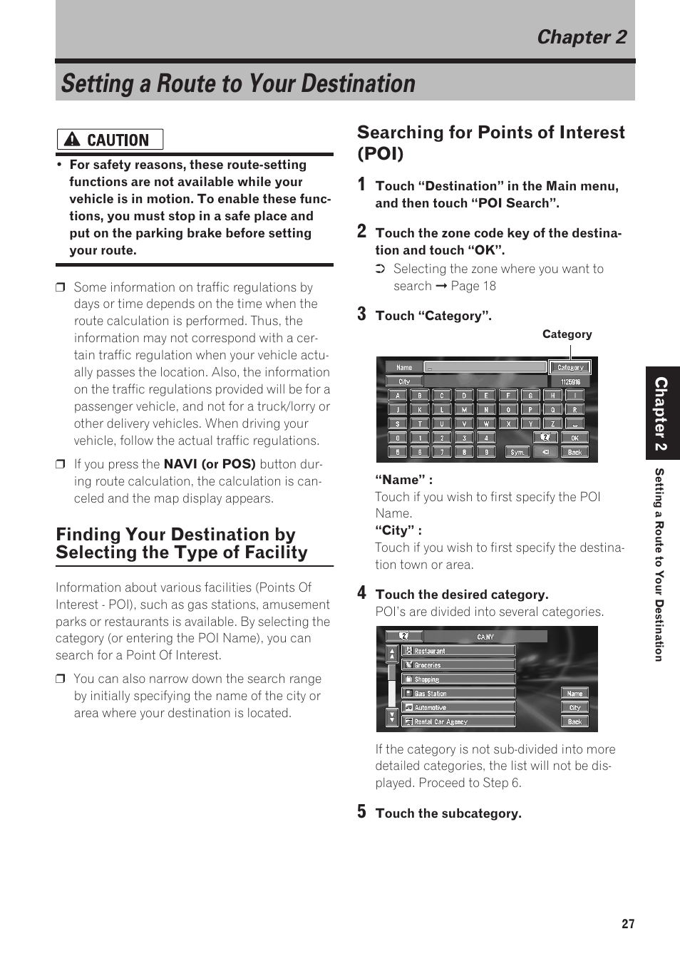 Chapter 2, Setting a route to your destination, Finding your destination by selecting the type of | Facility, Searching for points of interest (poi) | Pioneer AVIC-90DVD User Manual | Page 29 / 74