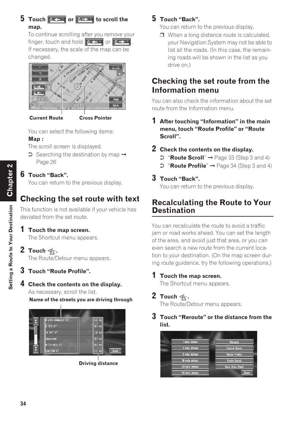 Checking the set route with text, Checking the set route from the information menu, Recalculating the route to your destination | Pioneer AVIC-90DVD User Manual | Page 36 / 74