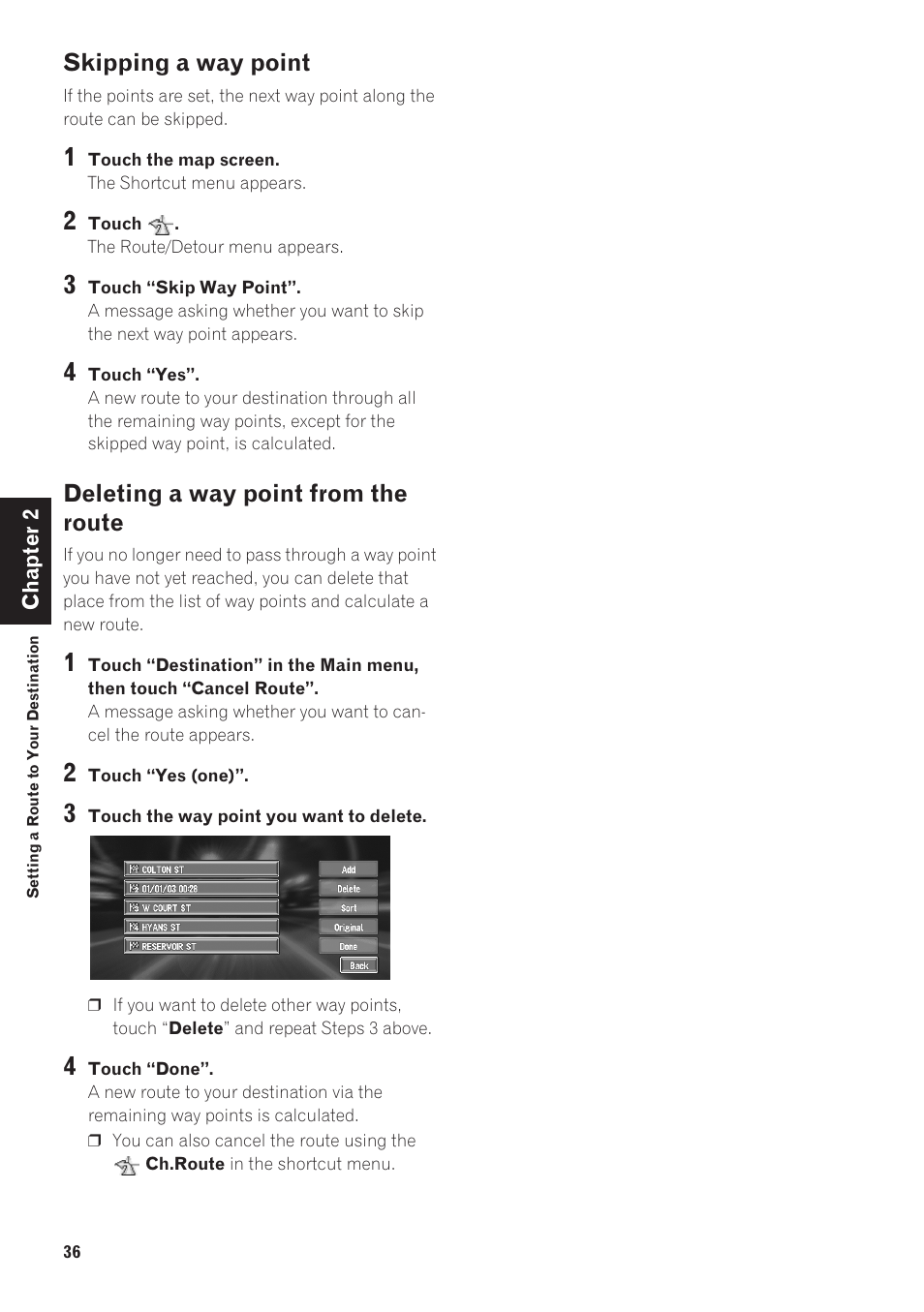 Skipping a way point, Deleting a way point from the route | Pioneer AVIC-90DVD User Manual | Page 38 / 74