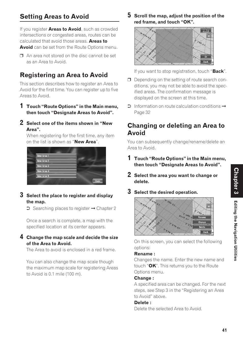 Setting areas to avoid 41, Setting areas to avoid, Registering an area to avoid | Changing or deleting an area to avoid | Pioneer AVIC-90DVD User Manual | Page 43 / 74