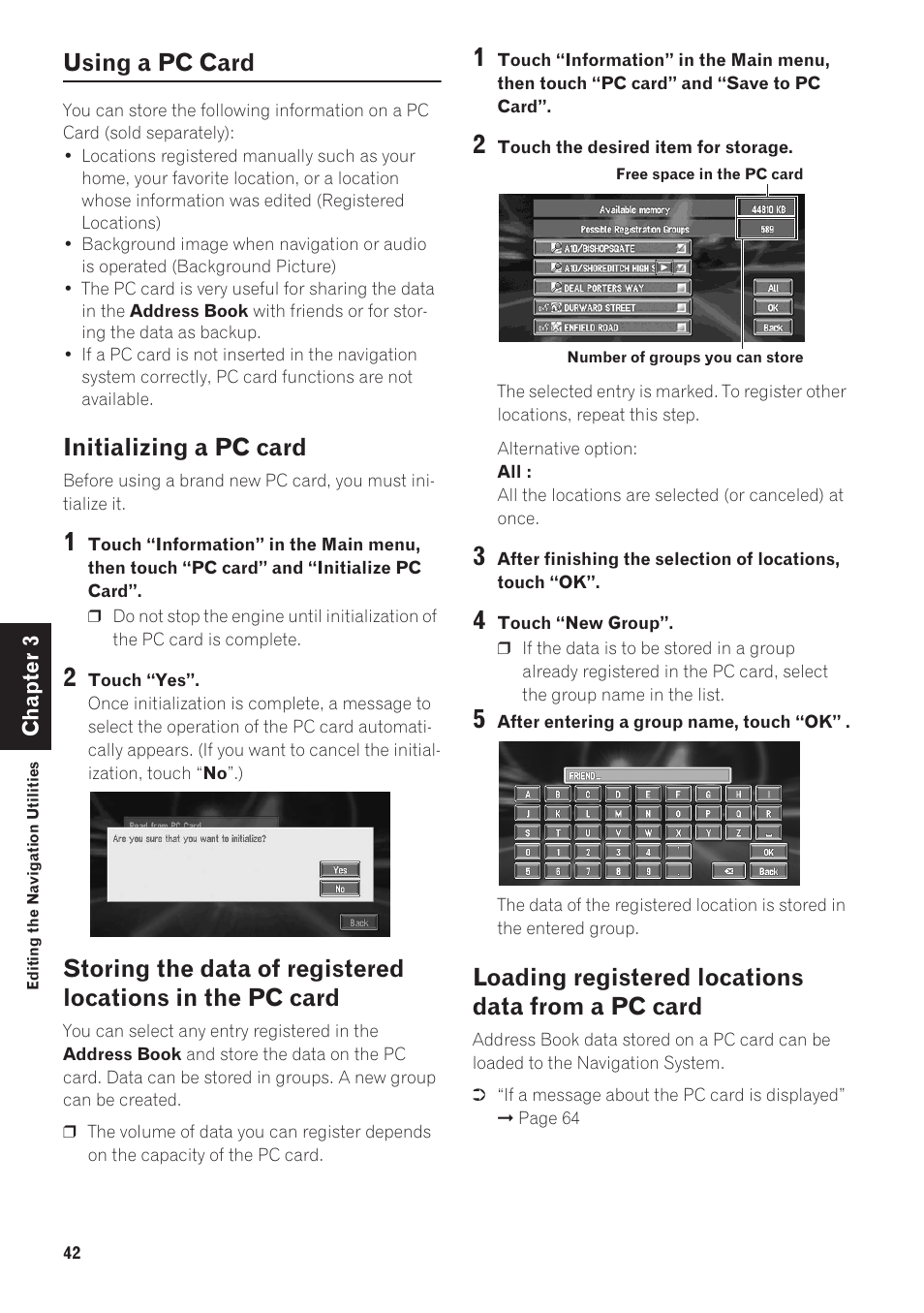 Using a pc card 42, Using a pc card, Initializing a pc card | Loading registered locations data from a pc card | Pioneer AVIC-90DVD User Manual | Page 44 / 74