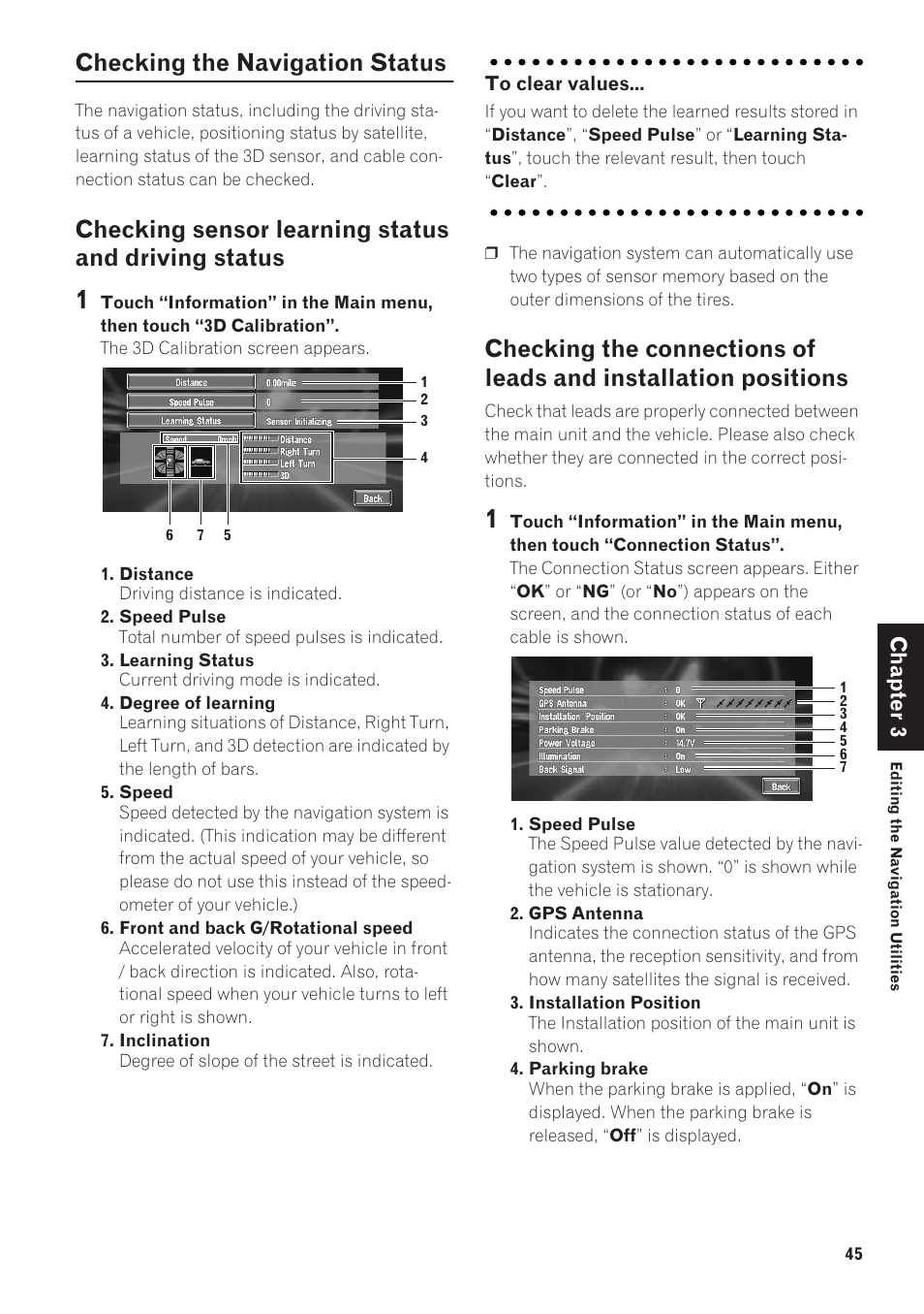 Checking the navigation status 45, Checking the navigation status, Checking sensor learning status and driving status | Chapter 3 | Pioneer AVIC-90DVD User Manual | Page 47 / 74