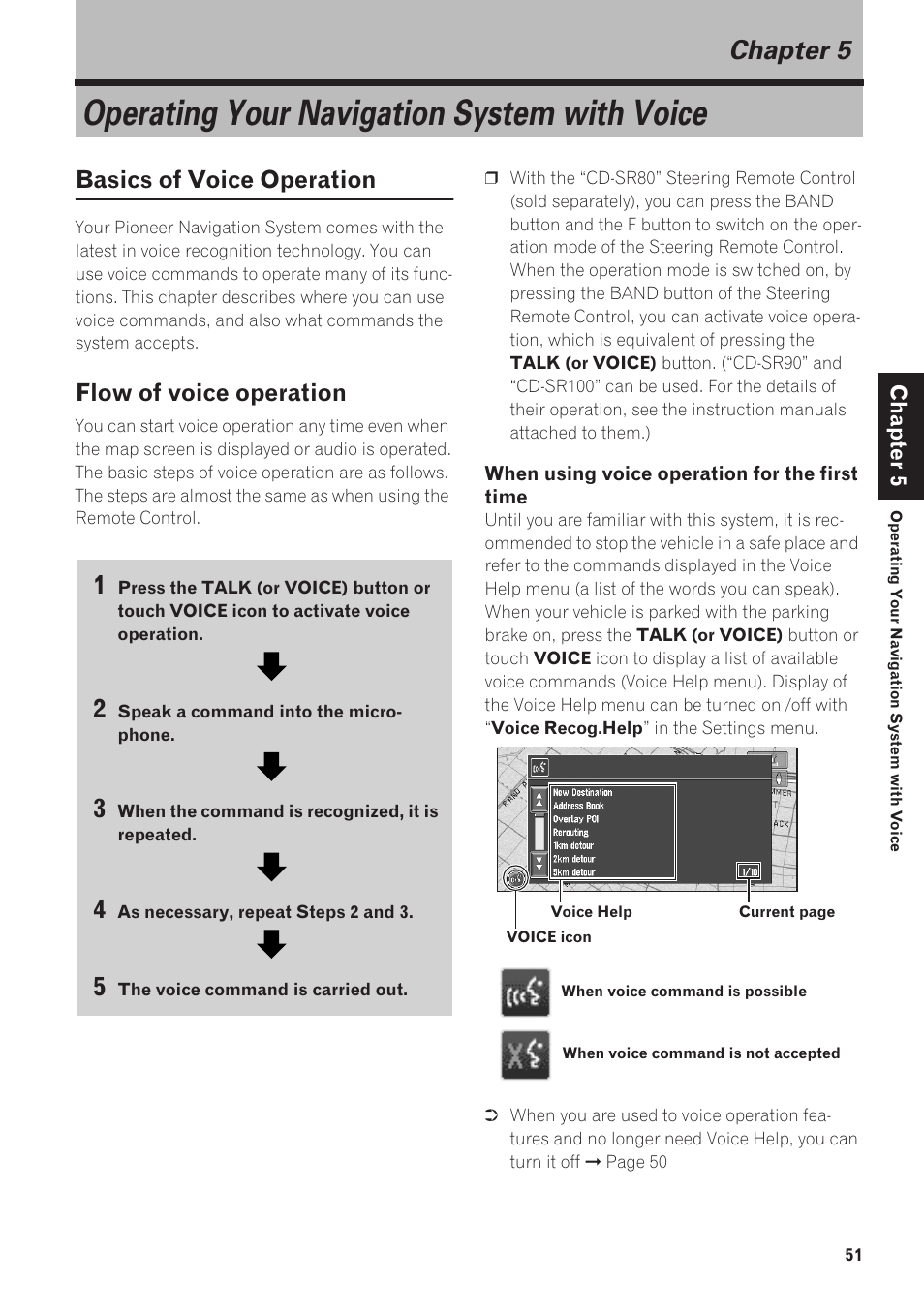 Chapter 5, Operating your navigation system with voice, Basics of voice operation 51 | Flow of voice operation 51, Basics of voice operation, Flow of voice operation | Pioneer AVIC-90DVD User Manual | Page 53 / 74