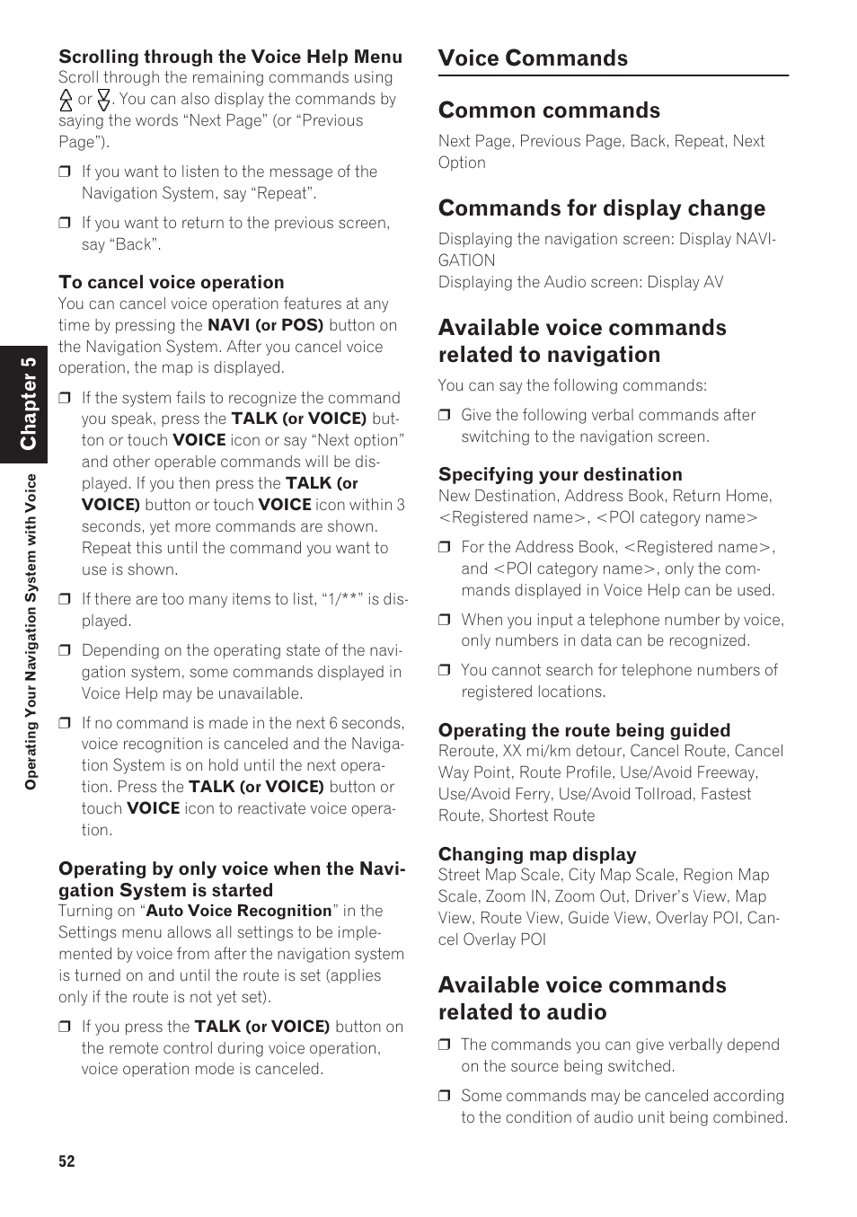 Voice commands 52, Voice commands common commands, Commands for display change | Available voice commands related to navigation, Available voice commands related to audio | Pioneer AVIC-90DVD User Manual | Page 54 / 74