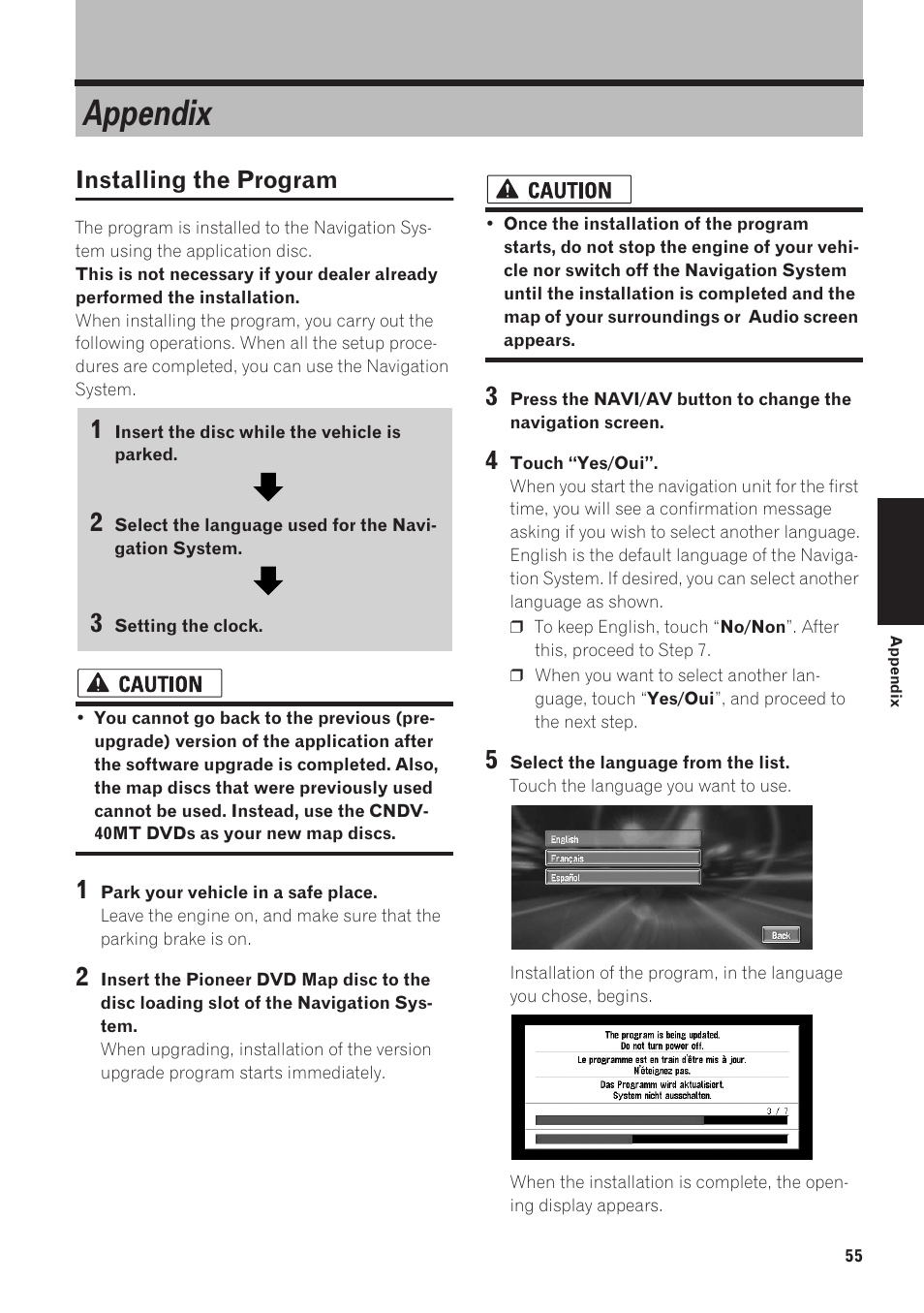 Appendix, Installing the program 55, Installing the program | Pioneer AVIC-90DVD User Manual | Page 57 / 74