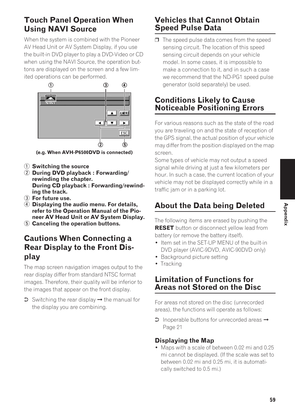 Errors 59, The disc 59, Touch panel operation when using navi source | Vehicles that cannot obtain speed pulse data, About the data being deleted | Pioneer AVIC-90DVD User Manual | Page 61 / 74