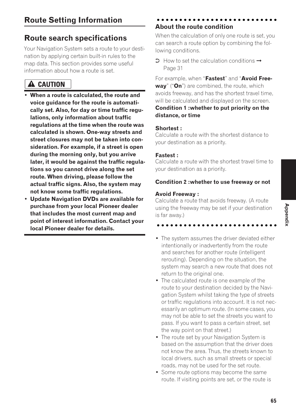 Route setting information 65, Route search specifications 65 | Pioneer AVIC-90DVD User Manual | Page 67 / 74