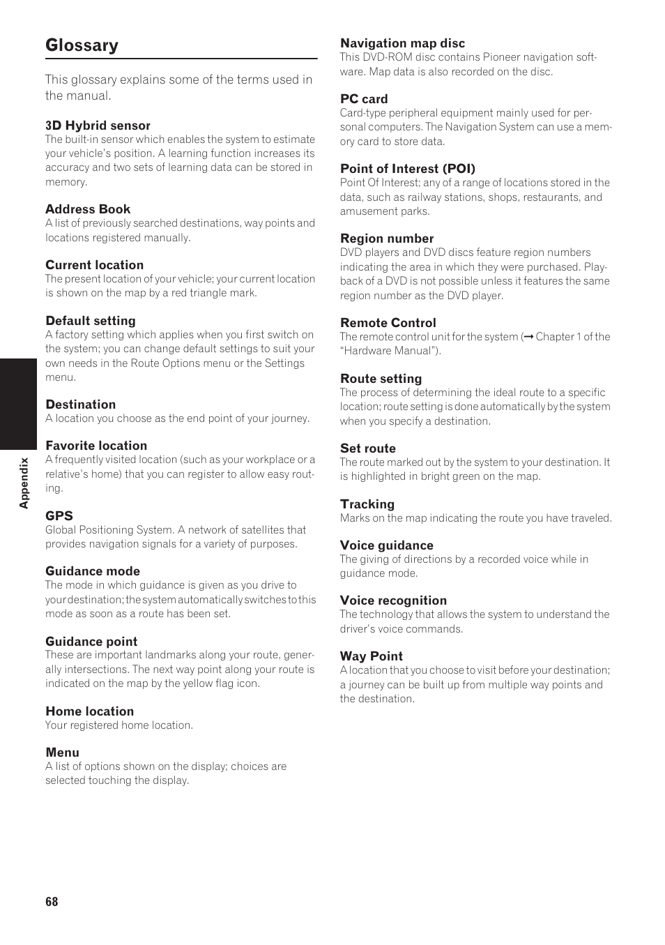 Glossary 68, Glossary | Pioneer AVIC-90DVD User Manual | Page 70 / 74