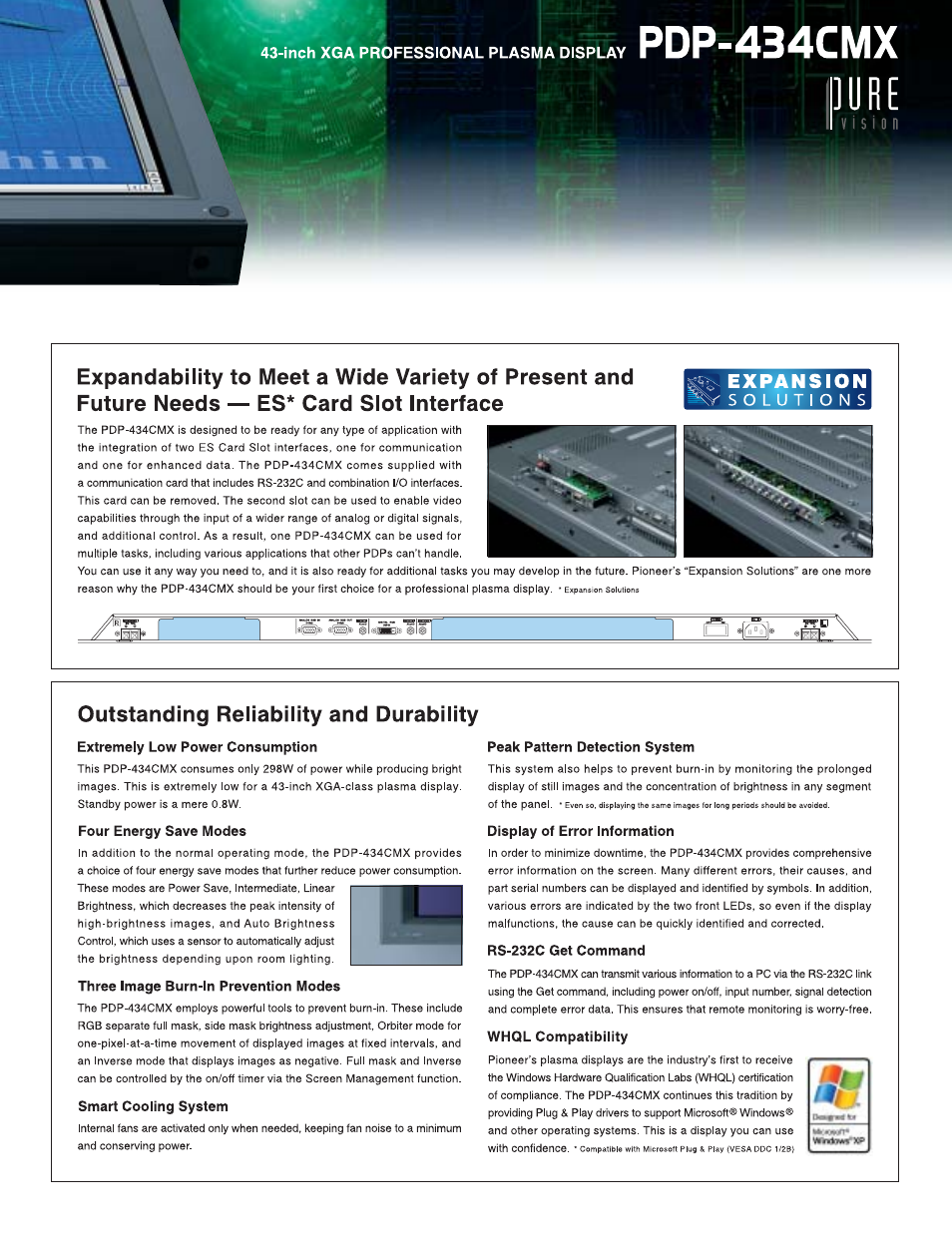Peak pattern detection system, Display of error information, Rs-232c get command | Whql compatibility, Pdp-434cmx, Expansion, Outstanding reliability and durability | Pioneer PDP 434CMX User Manual | Page 5 / 8