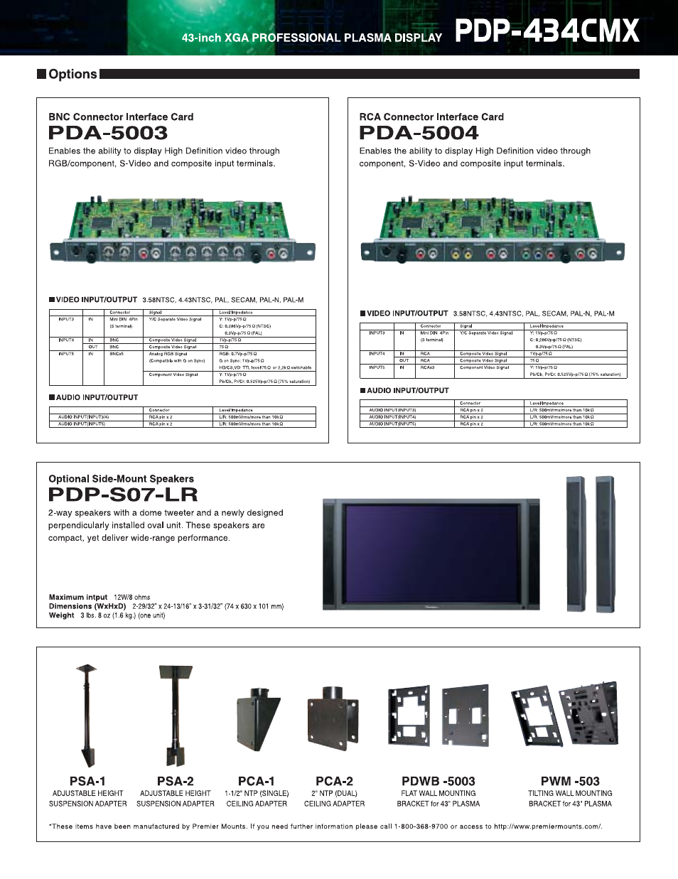 Bnc connector interface card, Rca connector interface card, Optional side-mount speakers | F • bb üfl, Pdp-434cmx, Pda-5003, Pda-5004, Pdp-s07-lr, I options i, Psa-1 | Pioneer PDP 434CMX User Manual | Page 7 / 8