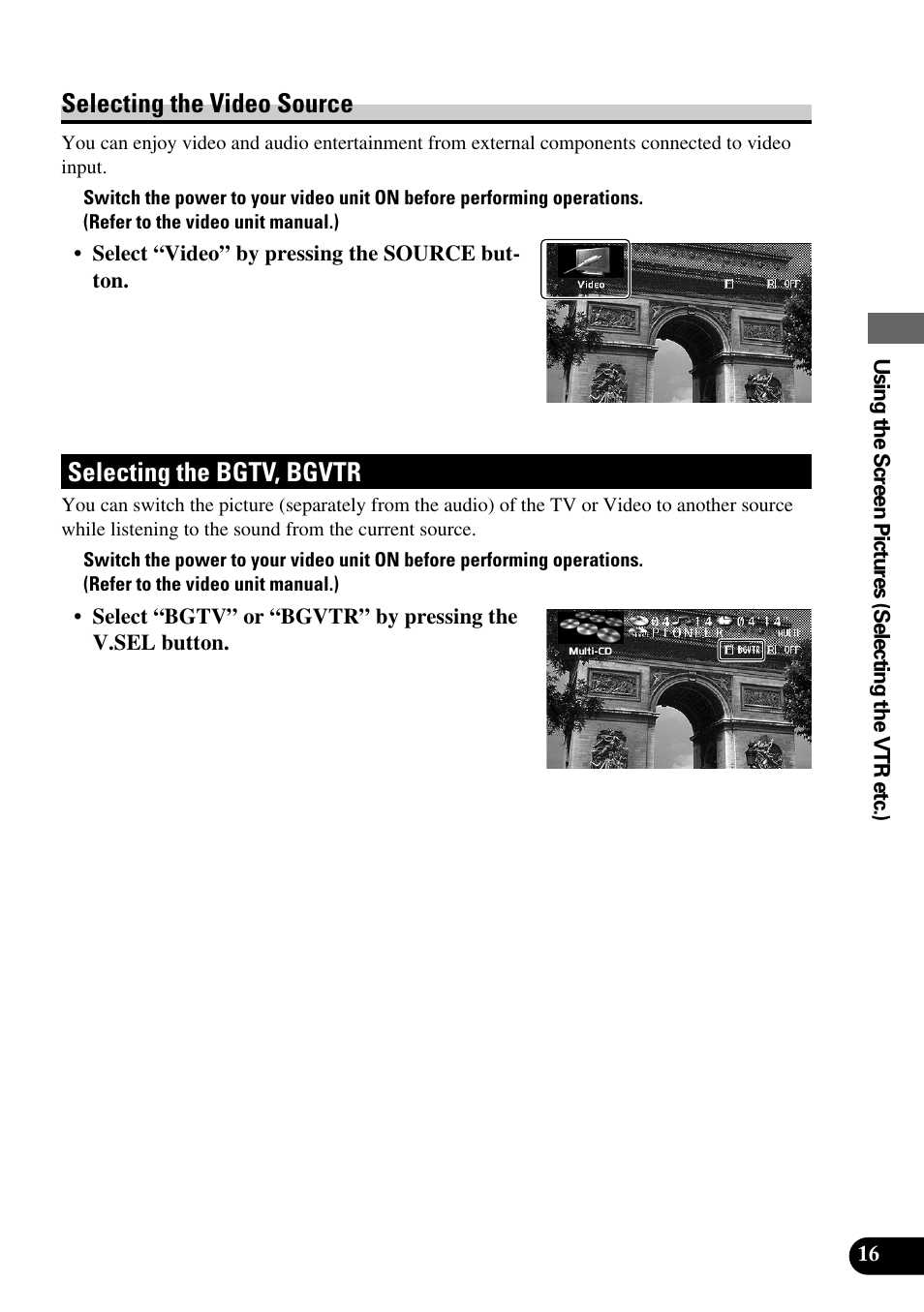 Selecting the video source, Selecting the bgtv, bgvtr | Pioneer Super Tuner III AVM-P9000 User Manual | Page 17 / 96