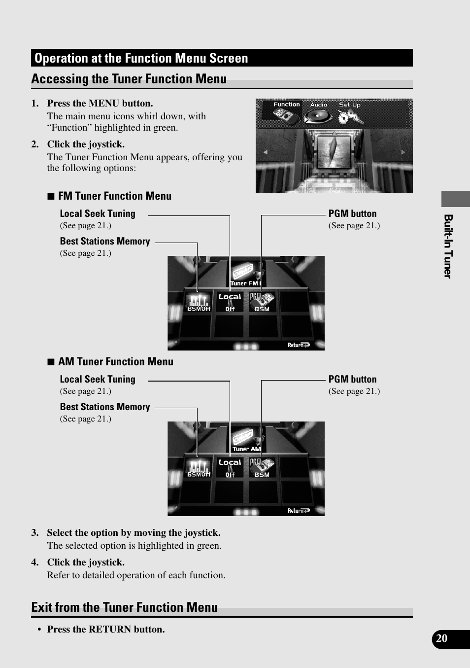 Operation at the function menu screen, Accessing the tuner function menu, Exit from the tuner function menu | Pioneer Super Tuner III AVM-P9000 User Manual | Page 21 / 96