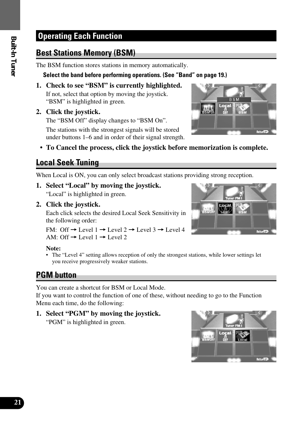 Operating each function, Local seek tuning, Pgm button | Pioneer Super Tuner III AVM-P9000 User Manual | Page 22 / 96