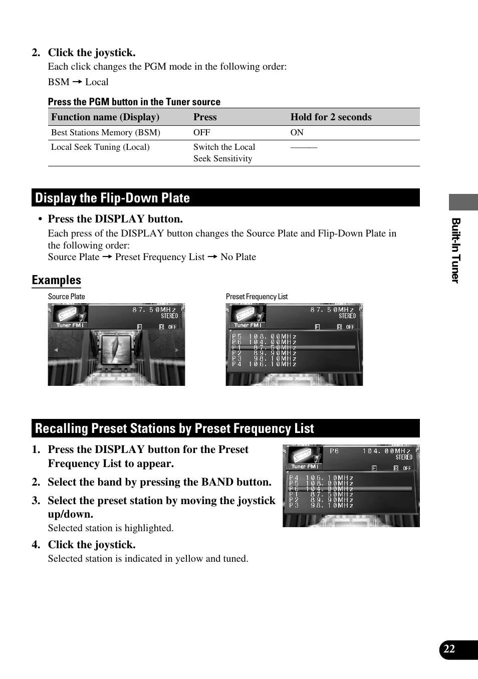 Frequency list, Display the flip-down plate, Recalling preset stations by preset frequency list | Examples | Pioneer Super Tuner III AVM-P9000 User Manual | Page 23 / 96