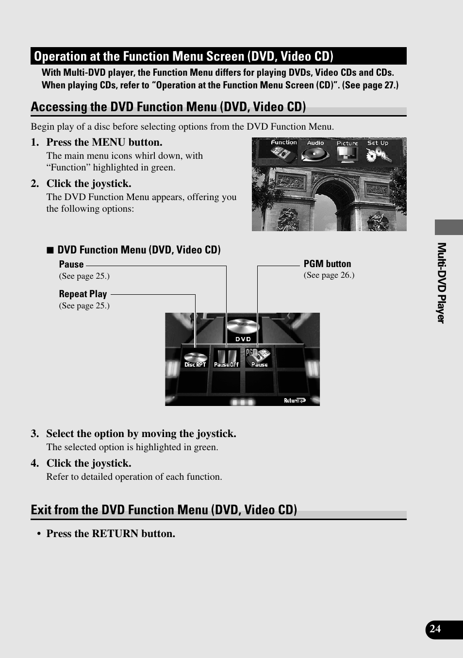 Operation at the function menu screen, Dvd, video cd), Accessing the dvd function menu (dvd, video | Accessing the dvd function menu (dvd, video cd), Exit from the dvd function menu (dvd, video cd) | Pioneer Super Tuner III AVM-P9000 User Manual | Page 25 / 96