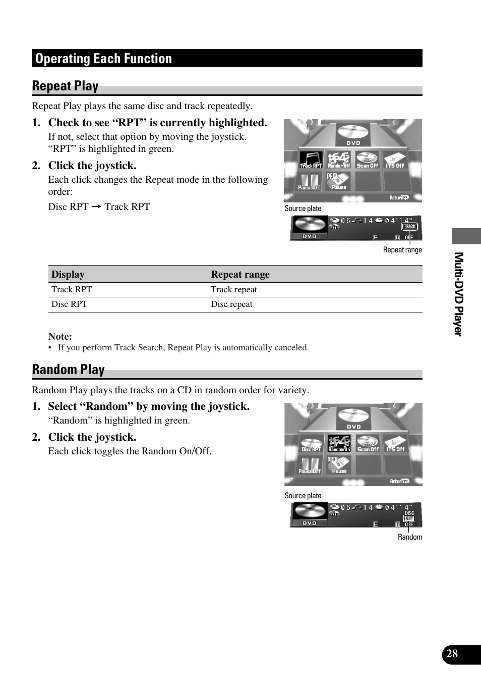 Operating each function, Repeat play • random play, Operating each function repeat play | Random play | Pioneer Super Tuner III AVM-P9000 User Manual | Page 29 / 96