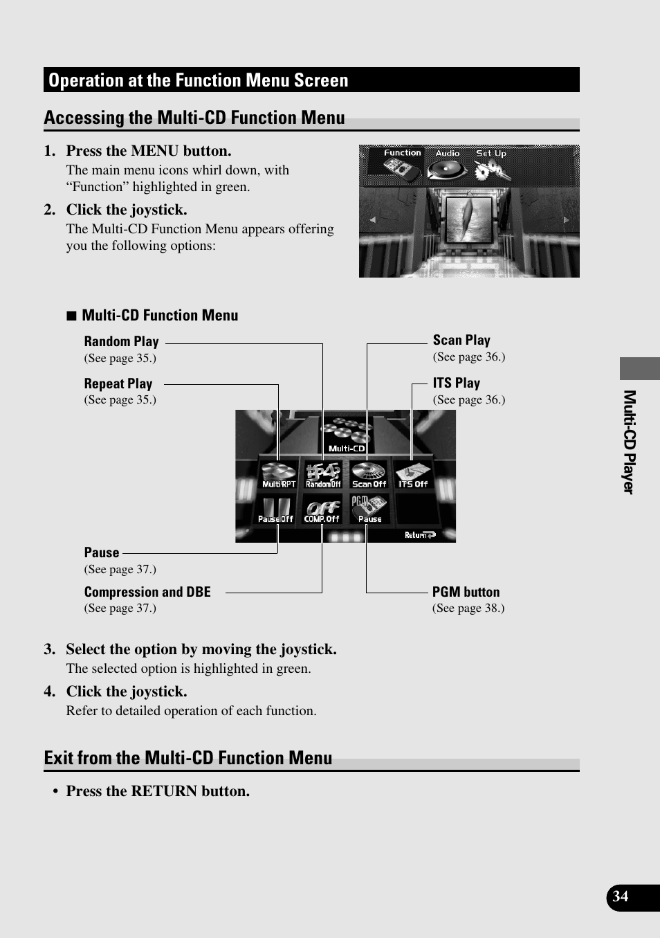 Operation at the function menu screen, Accessing the multi-cd function menu, Exit from the multi-cd function menu | Pioneer Super Tuner III AVM-P9000 User Manual | Page 35 / 96
