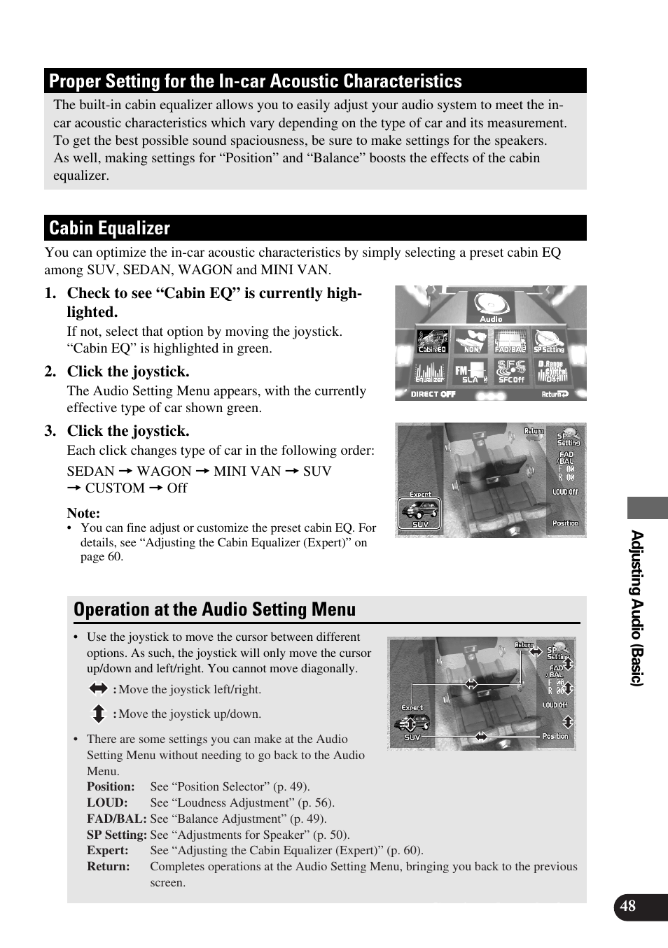 Proper setting for the in-car, Acoustic characteristics, Cabin equalizer | Operation at the audio setting menu | Pioneer Super Tuner III AVM-P9000 User Manual | Page 49 / 96