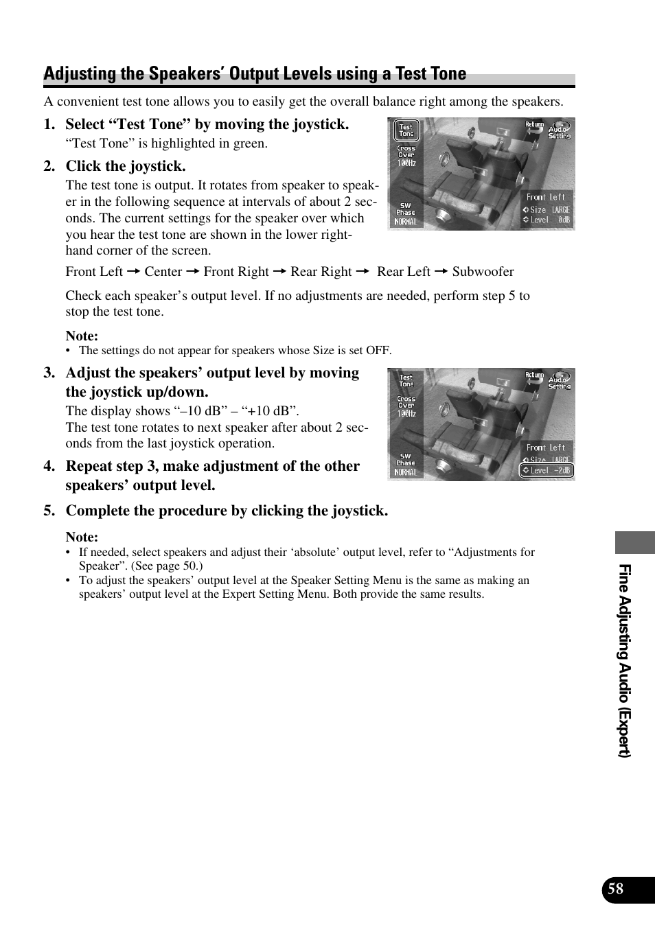 Adjusting the speakers’output levels using a test, Tone | Pioneer Super Tuner III AVM-P9000 User Manual | Page 59 / 96