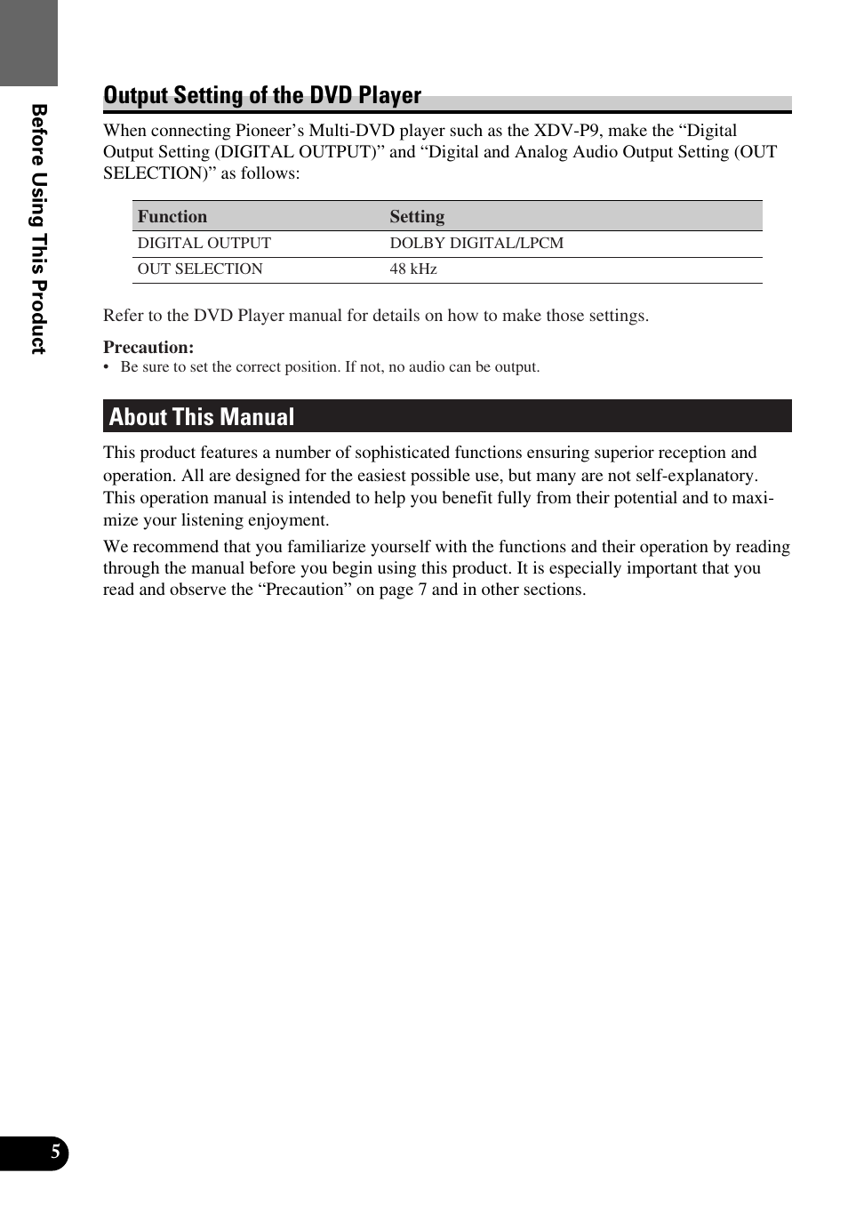 Output setting of the dvd player, About this manual | Pioneer Super Tuner III AVM-P9000 User Manual | Page 6 / 96