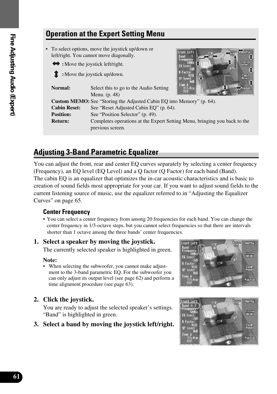 Adjusting 3-band parametric equalizer, Operation at the expert setting menu | Pioneer Super Tuner III AVM-P9000 User Manual | Page 62 / 96