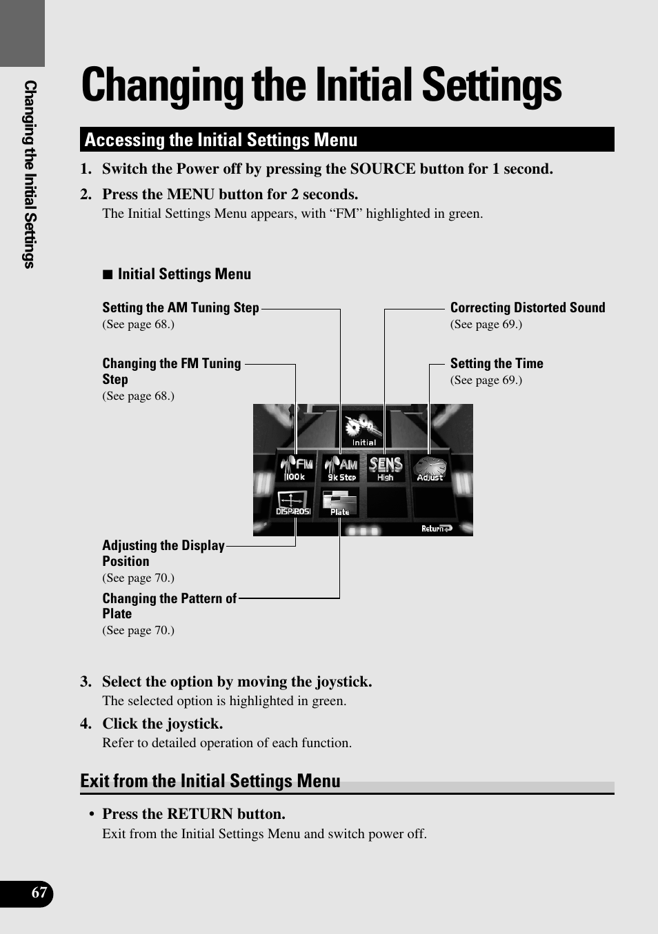 Changing the initial settings, Accessing the initial settings menu, Exit from the initial settings menu | Pioneer Super Tuner III AVM-P9000 User Manual | Page 68 / 96
