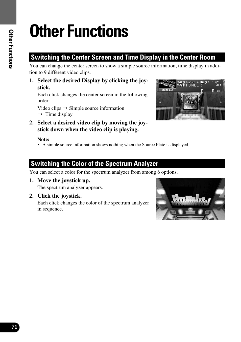 Other functions, Switching the center screen and, Time display in the center room | Switching the color of, The spectrum analyzer | Pioneer Super Tuner III AVM-P9000 User Manual | Page 72 / 96