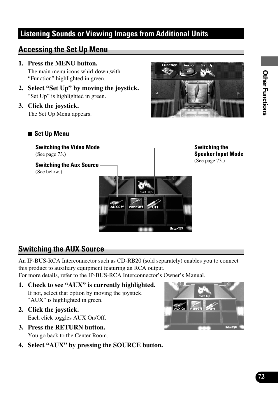 Listening sounds or viewing images from, Additional units, Switching the aux source | Pioneer Super Tuner III AVM-P9000 User Manual | Page 73 / 96