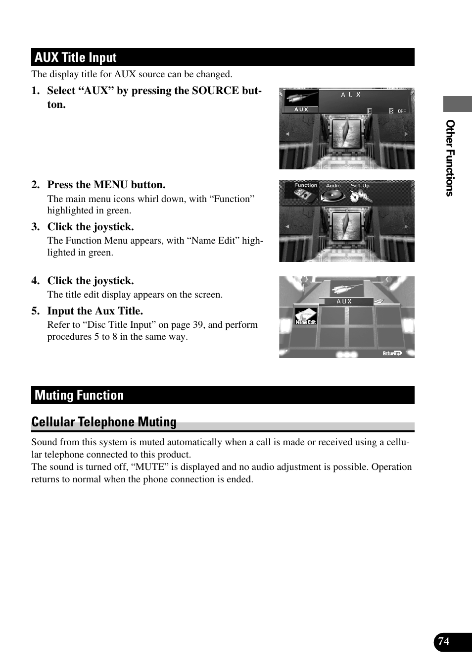 Aux title input muting function, Cellular telephone muting, Aux title input | Muting function cellular telephone muting | Pioneer Super Tuner III AVM-P9000 User Manual | Page 75 / 96