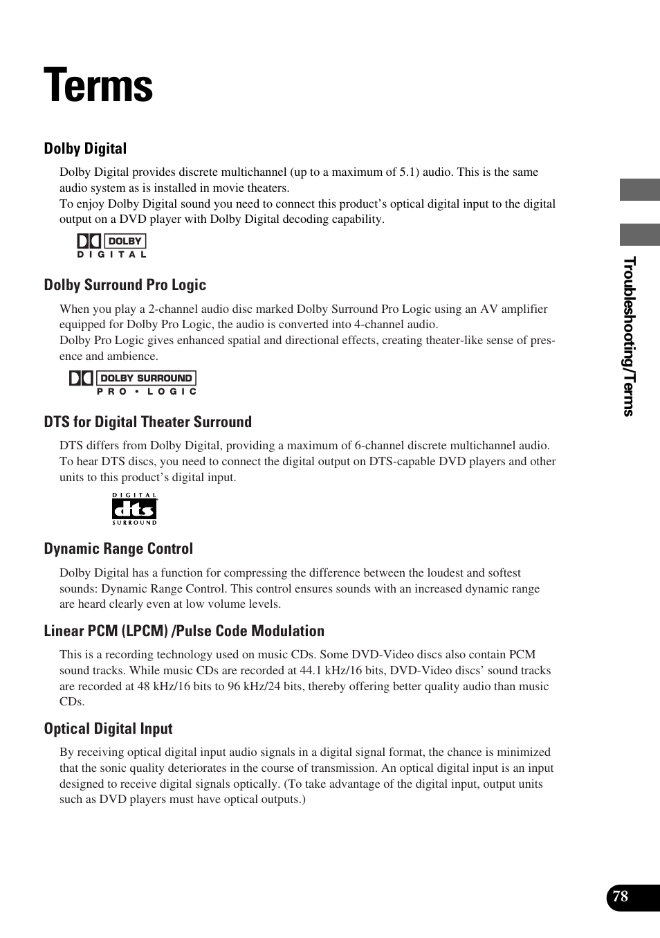 Terms | Pioneer Super Tuner III AVM-P9000 User Manual | Page 79 / 96