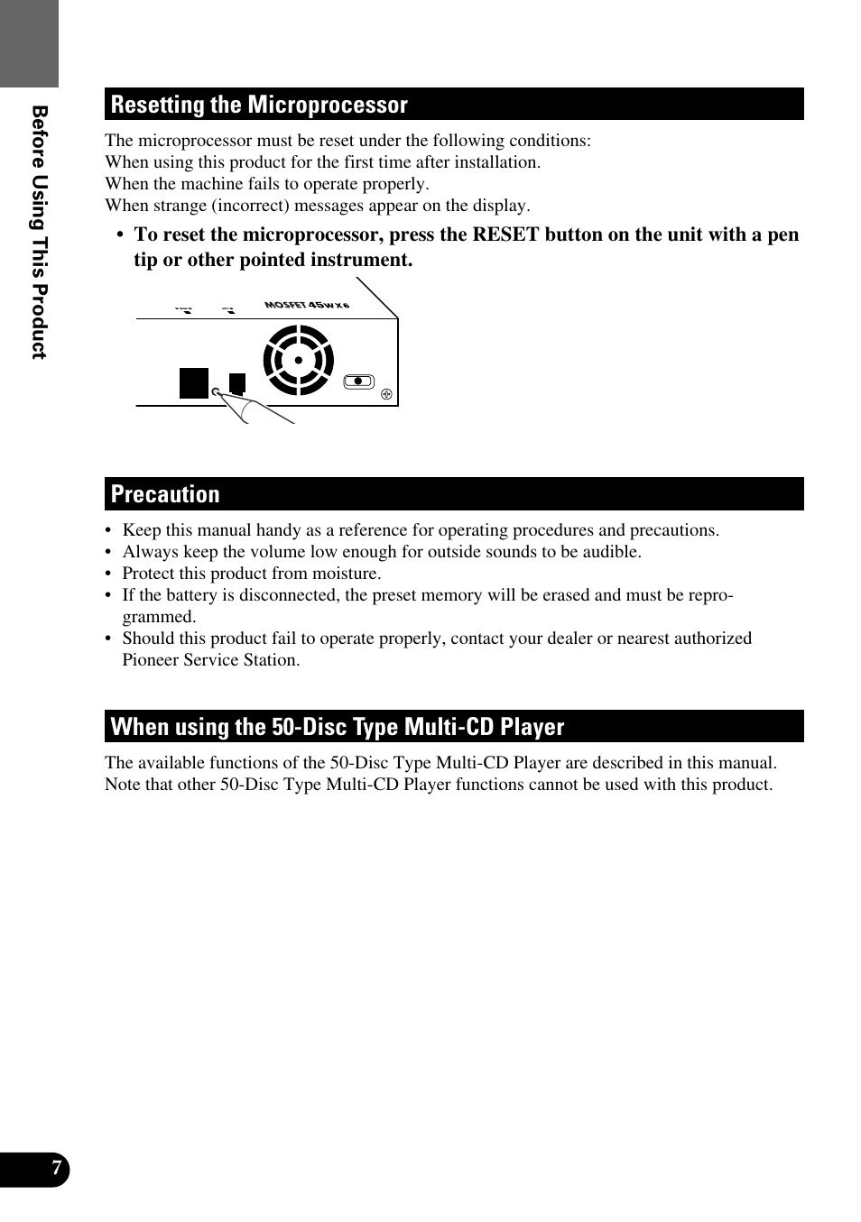 Resetting the microprocessor, Precaution, When using the 50-disc type multi-cd player | Pioneer Super Tuner III AVM-P9000 User Manual | Page 8 / 96