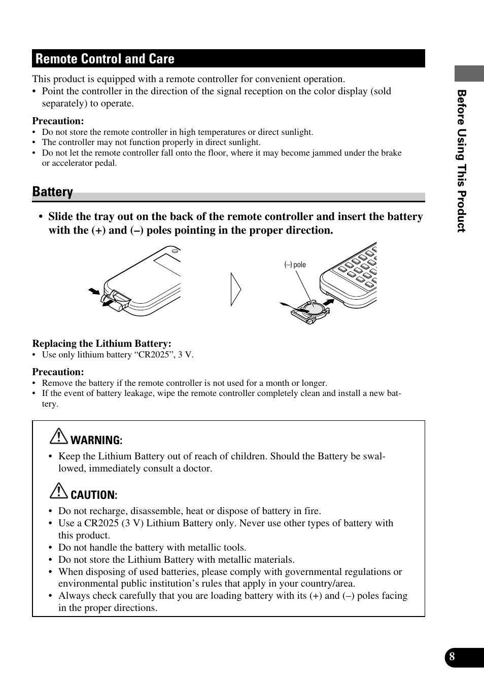 Remote control and care, Battery | Pioneer Super Tuner III AVM-P9000 User Manual | Page 9 / 96