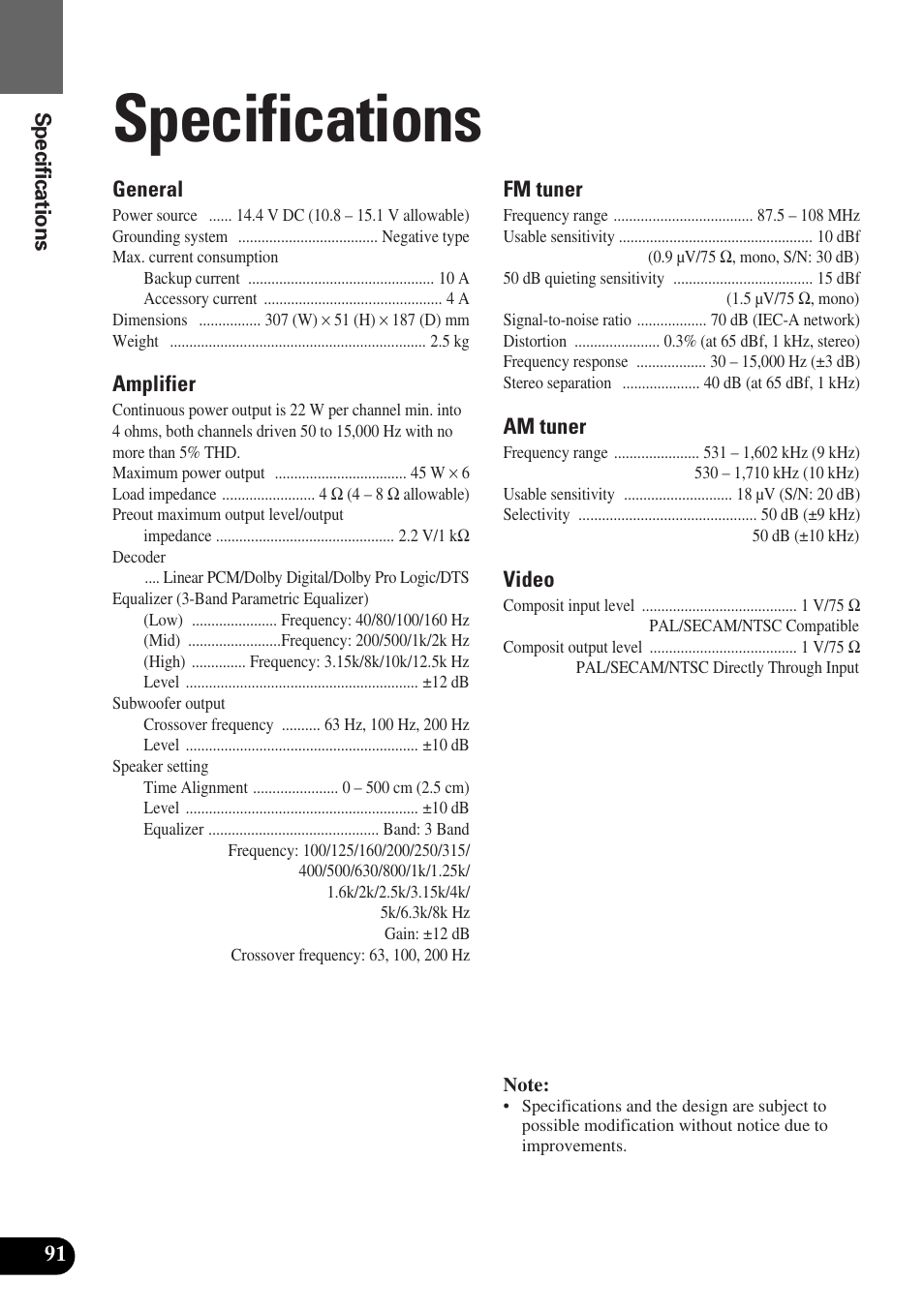 Specifications | Pioneer Super Tuner III AVM-P9000 User Manual | Page 92 / 96