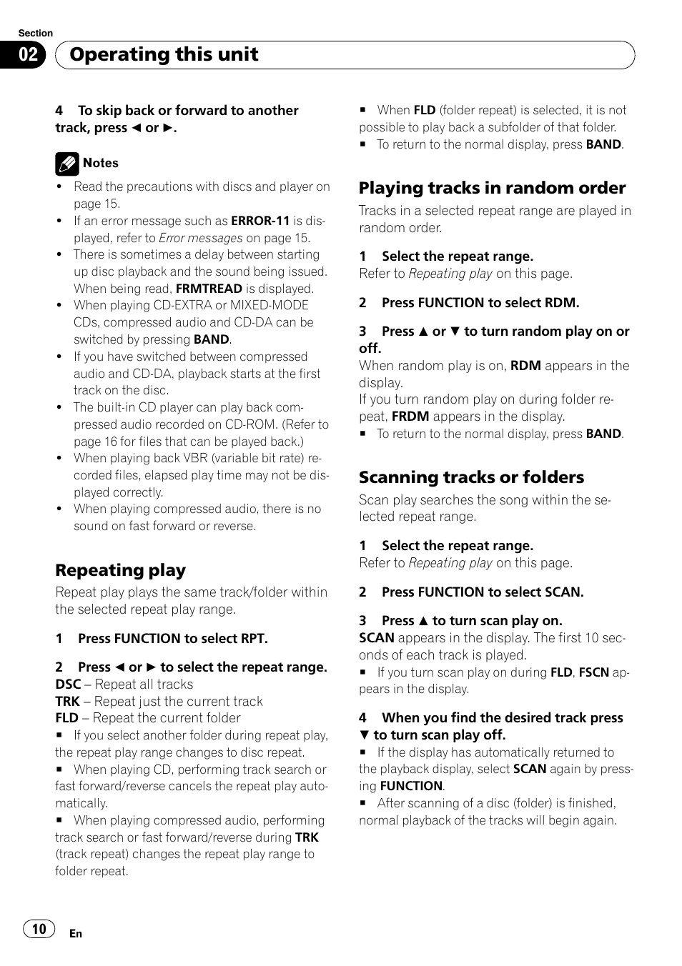 Repeating play 10, Playing tracks in random order 10, Scanning tracks or folders 10 | Operating this unit, Repeating play, Playing tracks in random order, Scanning tracks or folders | Pioneer DEH-3000MP User Manual | Page 10 / 77