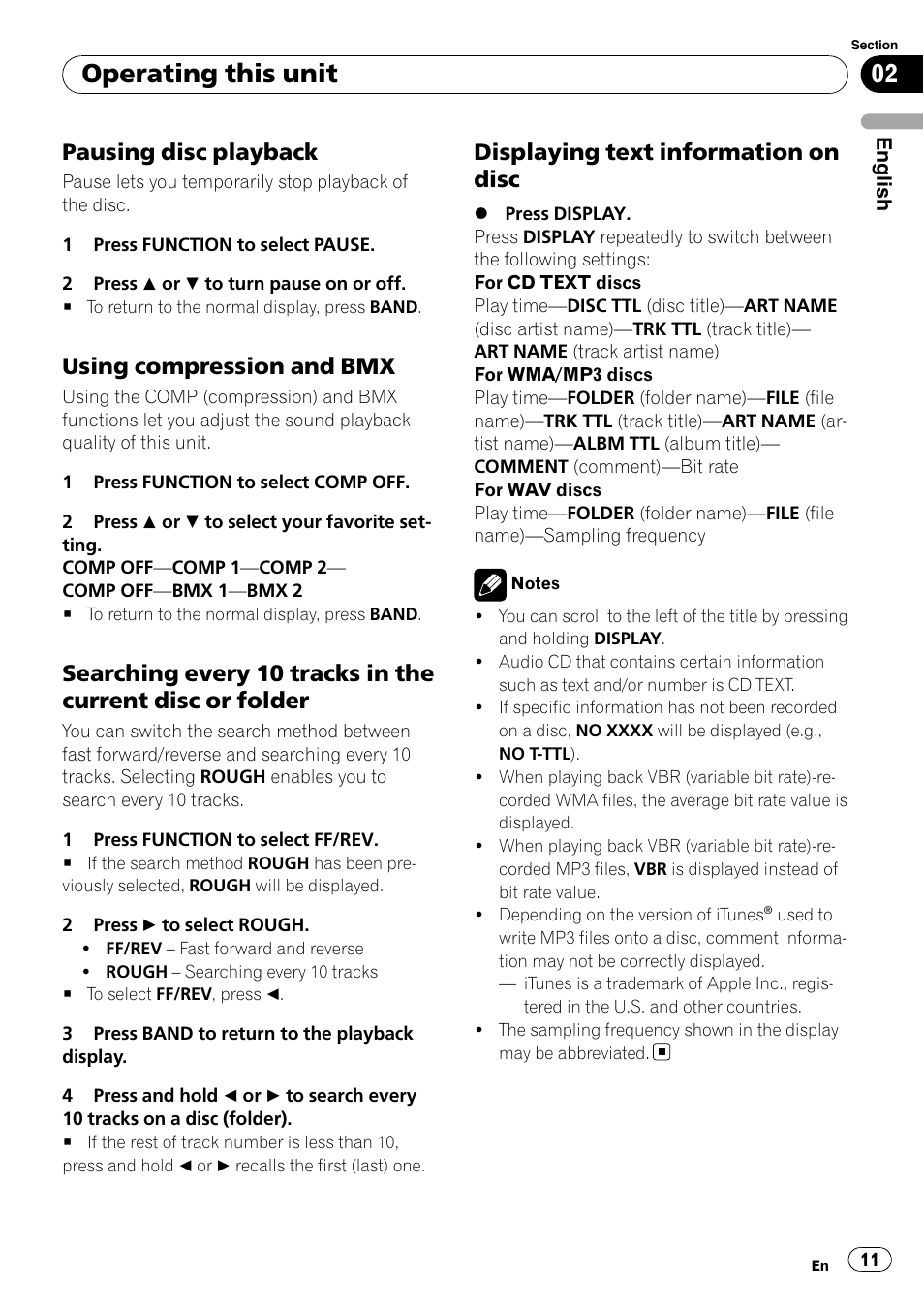 Pausing disc playback 11, Using compression and bmx 11, Searching every 10 tracks in the current | Disc or folder, Displaying text information on disc 11, Operating this unit, Pausing disc playback, Using compression and bmx, Displaying text information on disc | Pioneer DEH-3000MP User Manual | Page 11 / 77