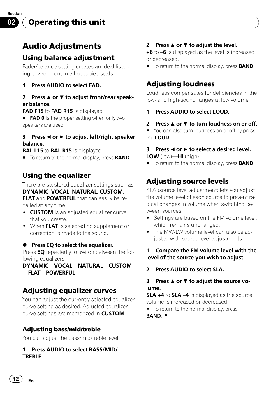 Audio adjustments, Using balance adjustment 12, Using the equalizer 12 | Adjusting equalizer curves 12, Adjusting loudness 12, Adjusting source levels 12, Operating this unit, Using balance adjustment, Using the equalizer, Adjusting equalizer curves | Pioneer DEH-3000MP User Manual | Page 12 / 77