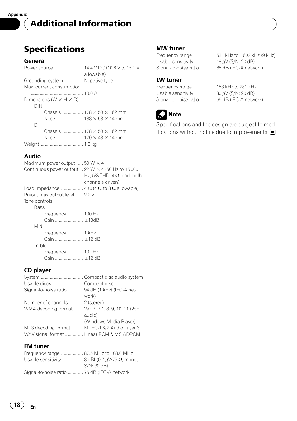 Specifications, Additional information | Pioneer DEH-3000MP User Manual | Page 18 / 77