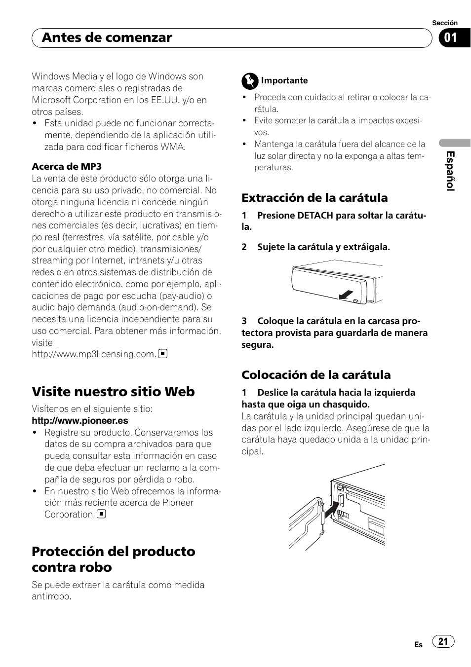 Visite nuestro sitio web, Protección del producto contra robo, Extracción de la carátula 21 | Colocación de la carátula 21, Antes de comenzar | Pioneer DEH-3000MP User Manual | Page 21 / 77