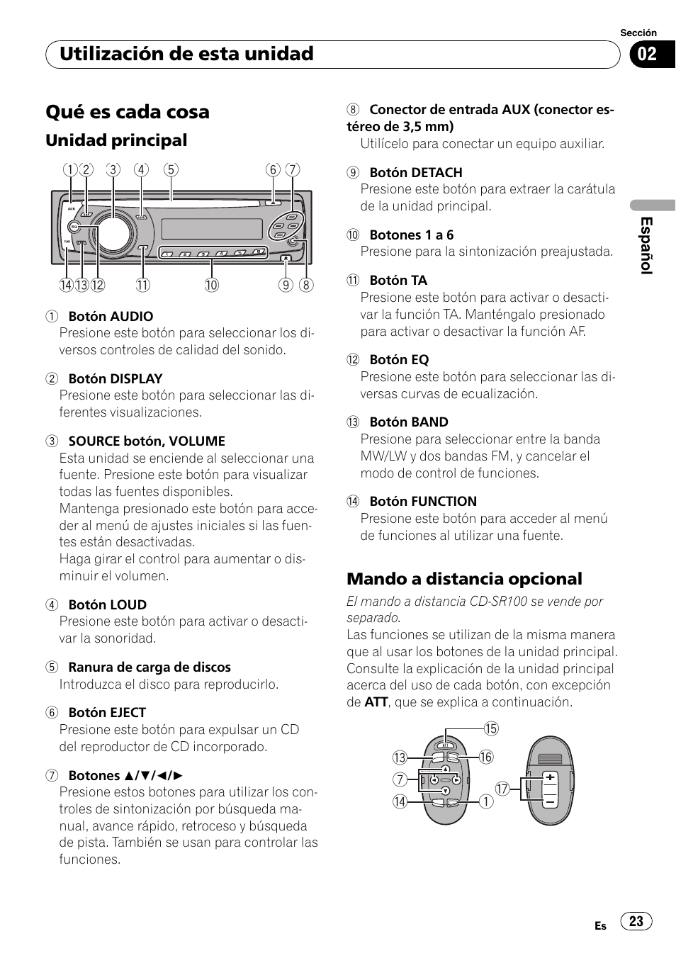 Utilización de esta unidad qué es cada cosa, Unidad principal 23, Mando a distancia opcional 23 | Qué es cada cosa, Utilización de esta unidad | Pioneer DEH-3000MP User Manual | Page 23 / 77