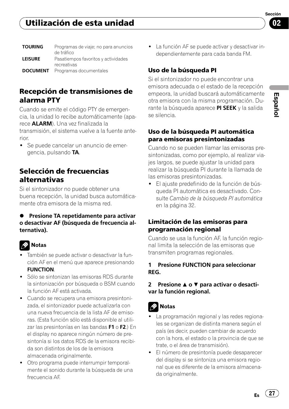 Recepción de transmisiones de alarma, Selección de frecuencias, Alternativas | Utilización de esta unidad, Recepción de transmisiones de alarma pty, Selección de frecuencias alternativas | Pioneer DEH-3000MP User Manual | Page 27 / 77