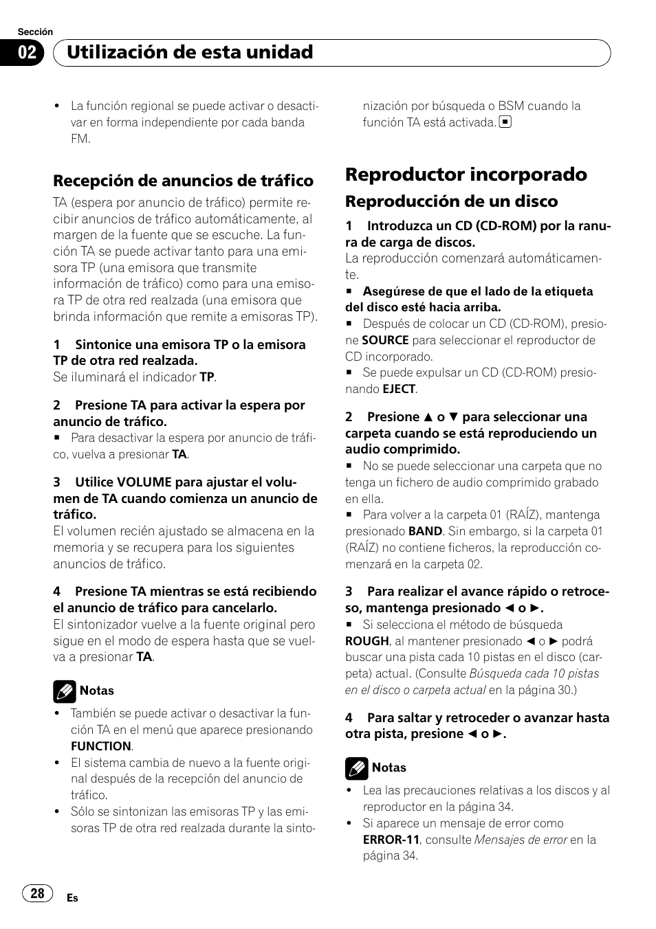 Recepción de anuncios de tráfico 28, Reproductor incorporado, Reproducción de un disco 28 | Utilización de esta unidad, Recepción de anuncios de tráfico, Reproducción de un disco | Pioneer DEH-3000MP User Manual | Page 28 / 77