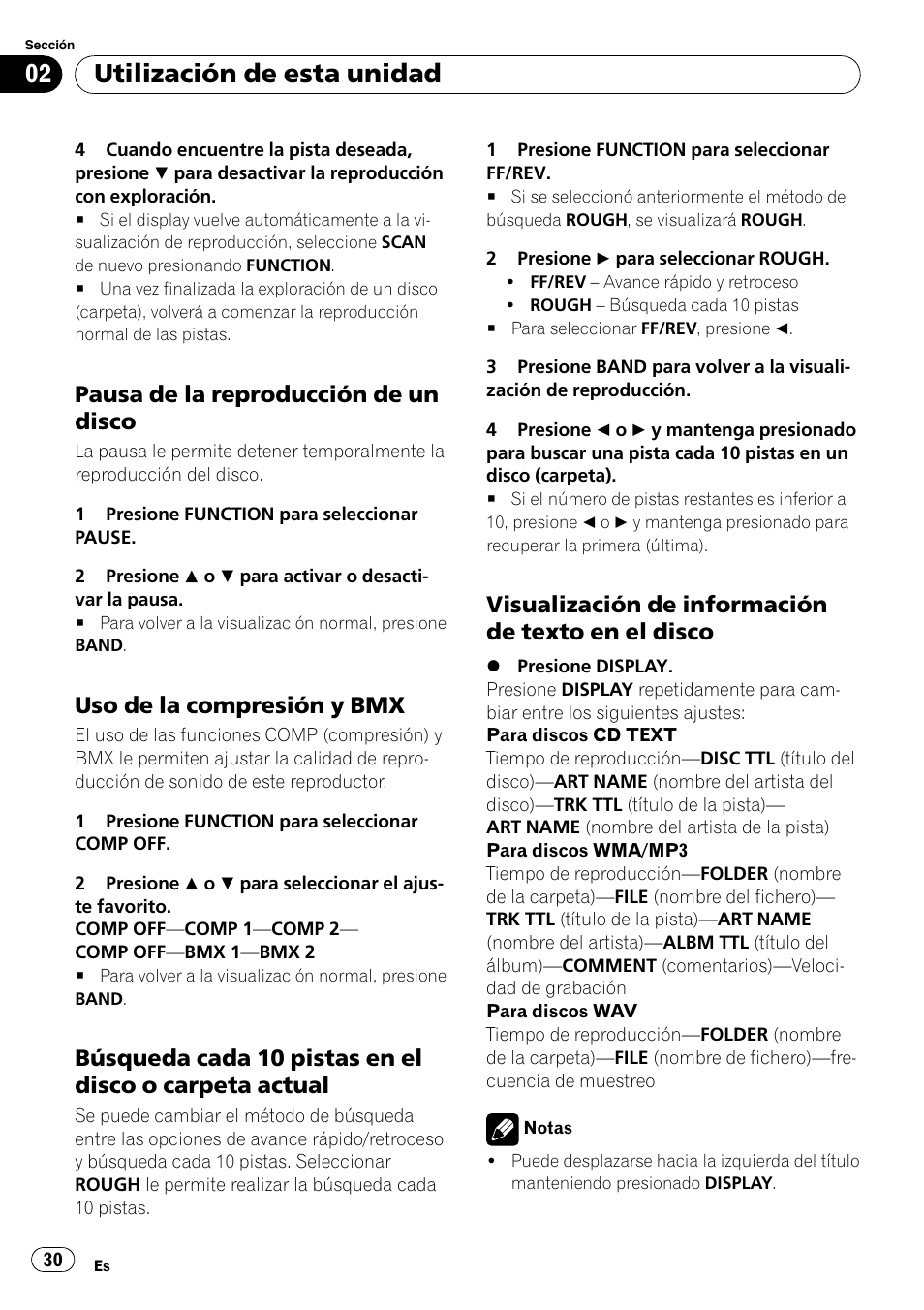 Pausa de la reproducción de un, Disco, Uso de la compresión y bmx 30 | Búsqueda cada 10 pistas en el disco o, Carpeta actual, Visualización de información de texto, En el disco, Utilización de esta unidad, Pausa de la reproducción de un disco, Uso de la compresión y bmx | Pioneer DEH-3000MP User Manual | Page 30 / 77