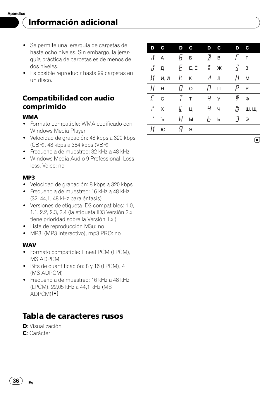 Compatibilidad con audio, Comprimido, Tabla de caracteres rusos | Información adicional, Compatibilidad con audio comprimido | Pioneer DEH-3000MP User Manual | Page 36 / 77