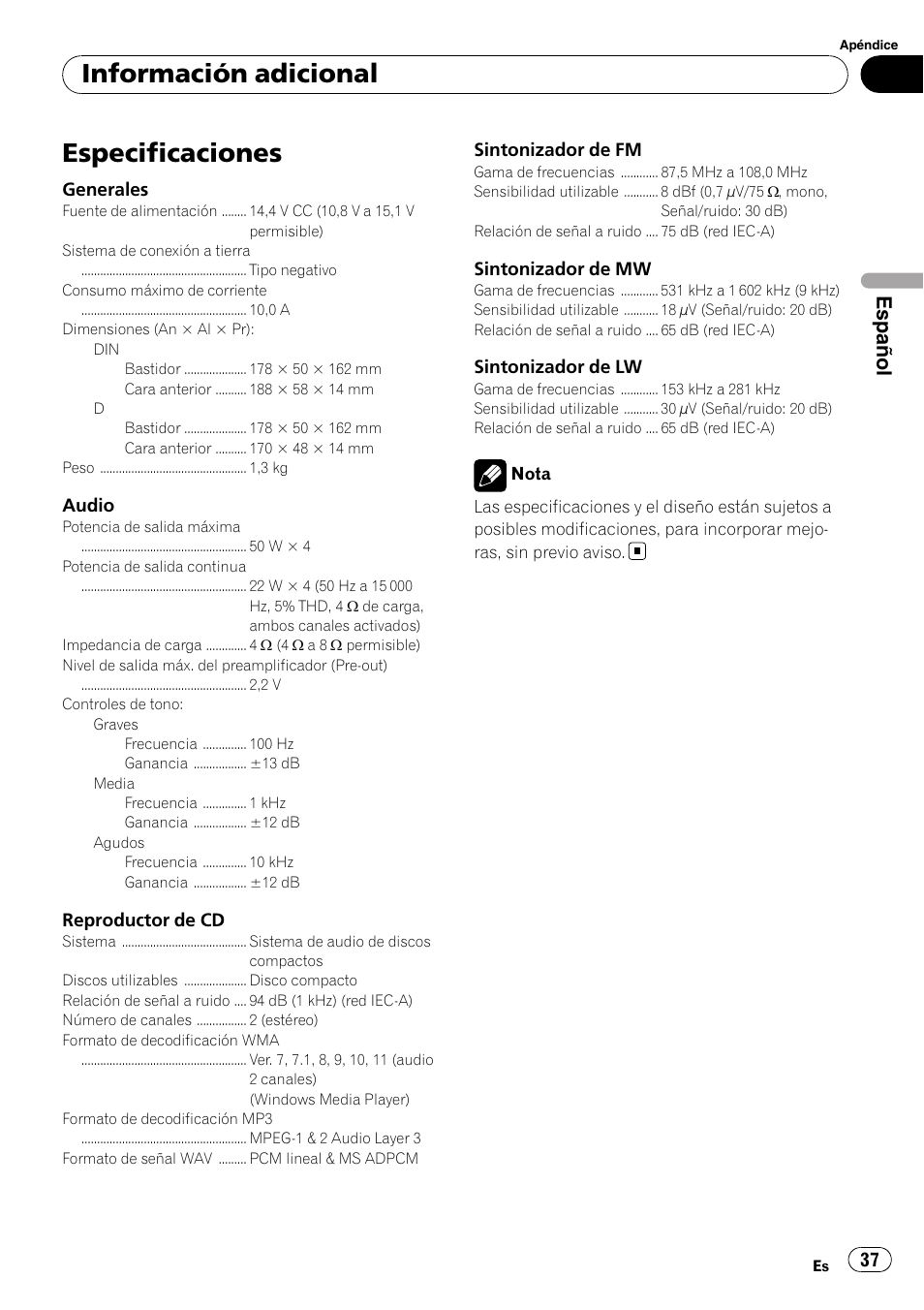 Especificaciones, Información adicional, Español | Pioneer DEH-3000MP User Manual | Page 37 / 77