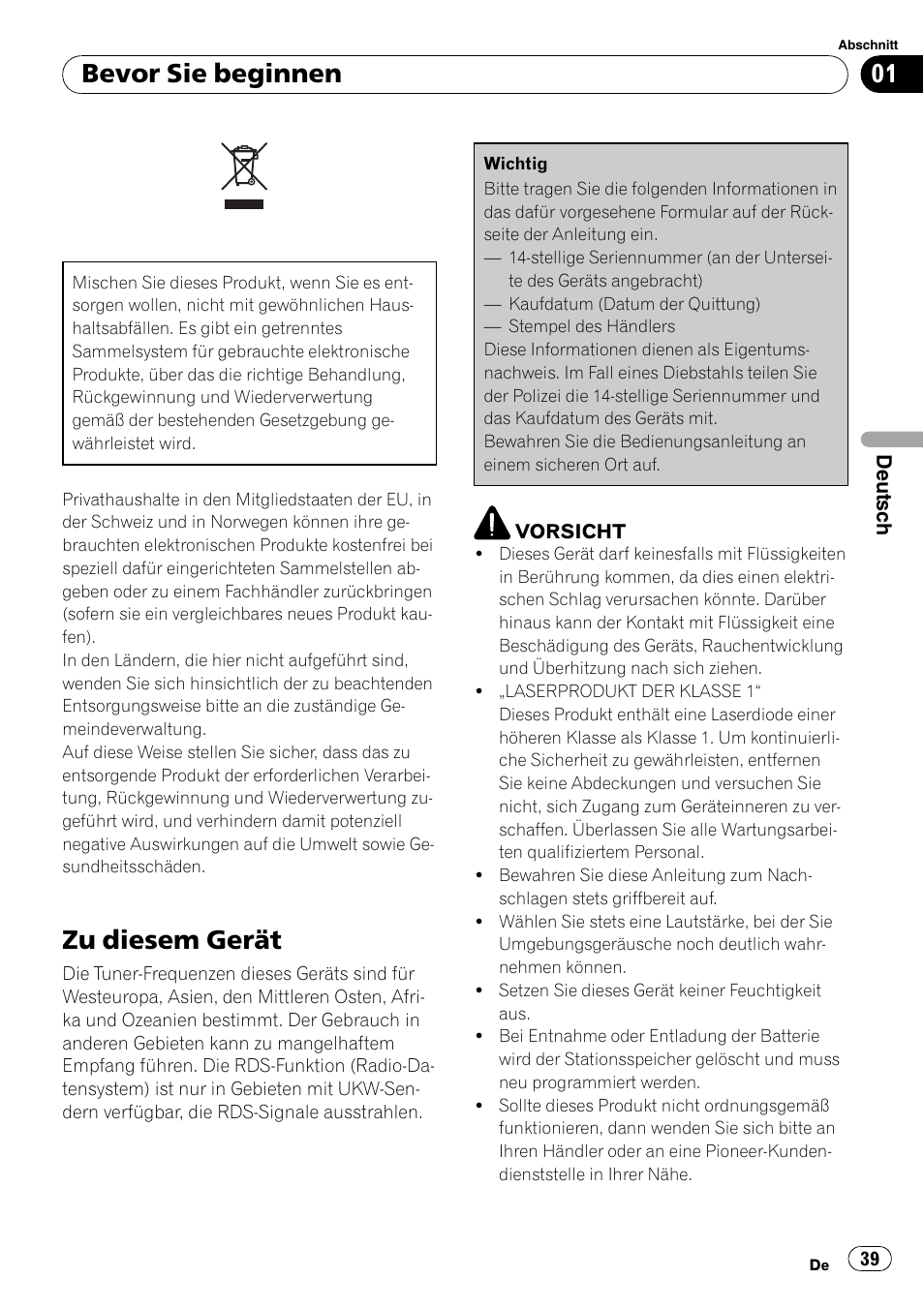 Bevor sie beginnen, Zu diesem gerät | Pioneer DEH-3000MP User Manual | Page 39 / 77