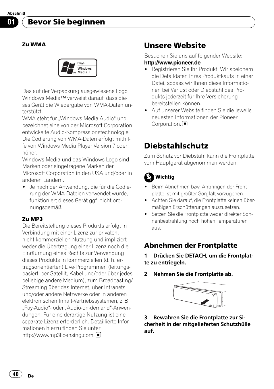 Unsere website, Diebstahlschutz, Abnehmen der frontplatte 40 | Bevor sie beginnen | Pioneer DEH-3000MP User Manual | Page 40 / 77