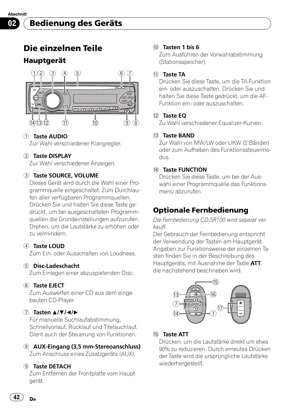 Bedienung des geräts die einzelnen teile, Hauptgerät 42, Optionale fernbedienung 42 | Die einzelnen teile, Bedienung des geräts | Pioneer DEH-3000MP User Manual | Page 42 / 77