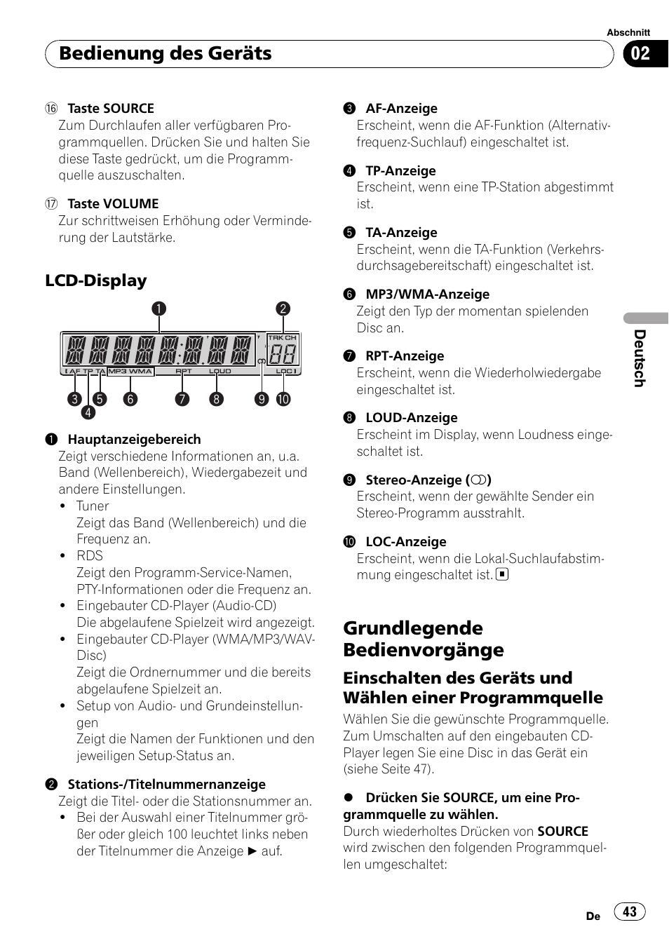 Lcd-display 43, Grundlegende bedienvorgänge, Einschalten des geräts und wählen | Einer programmquelle, Bedienung des geräts | Pioneer DEH-3000MP User Manual | Page 43 / 77
