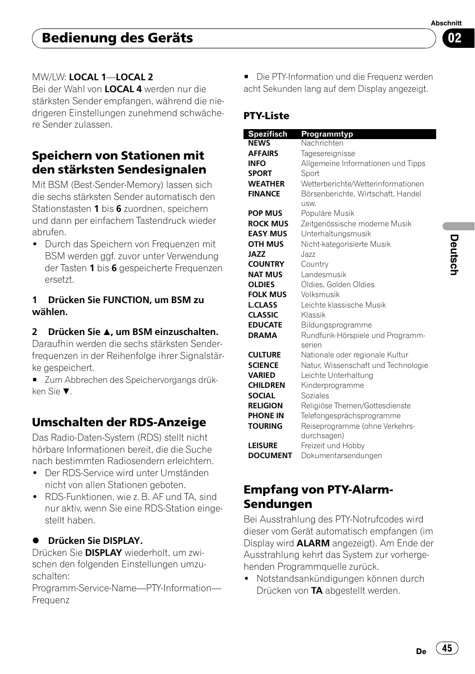 Speichern von stationen mit den, Stärksten sendesignalen, Umschalten der rds-anzeige 45 | Empfang von pty-alarm, Sendungen, Bedienung des geräts, Umschalten der rds-anzeige, Empfang von pty-alarm- sendungen, Deutsch | Pioneer DEH-3000MP User Manual | Page 45 / 77